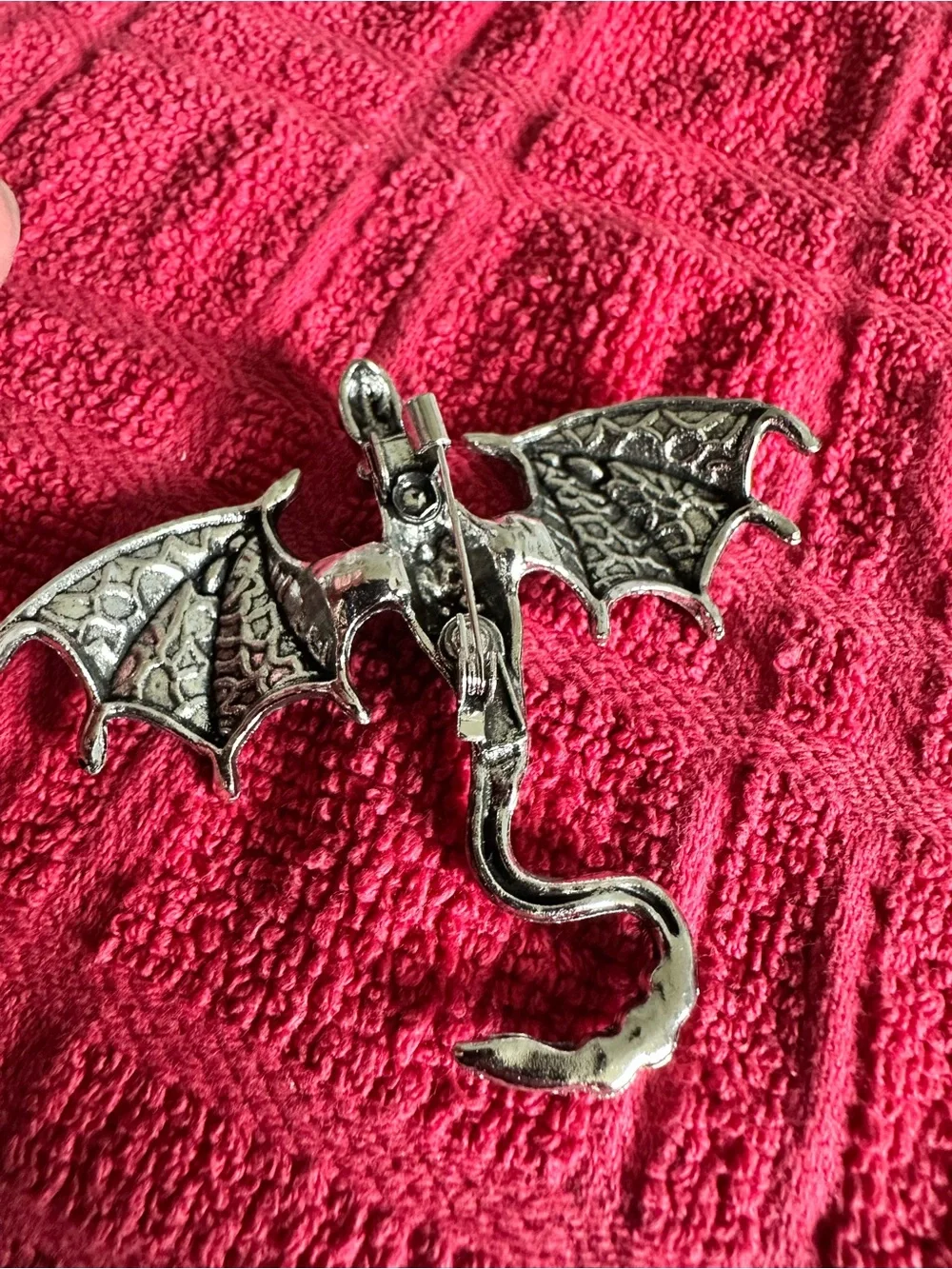 Source Unknown Silver Dragon Brooch with Red Gem Accents